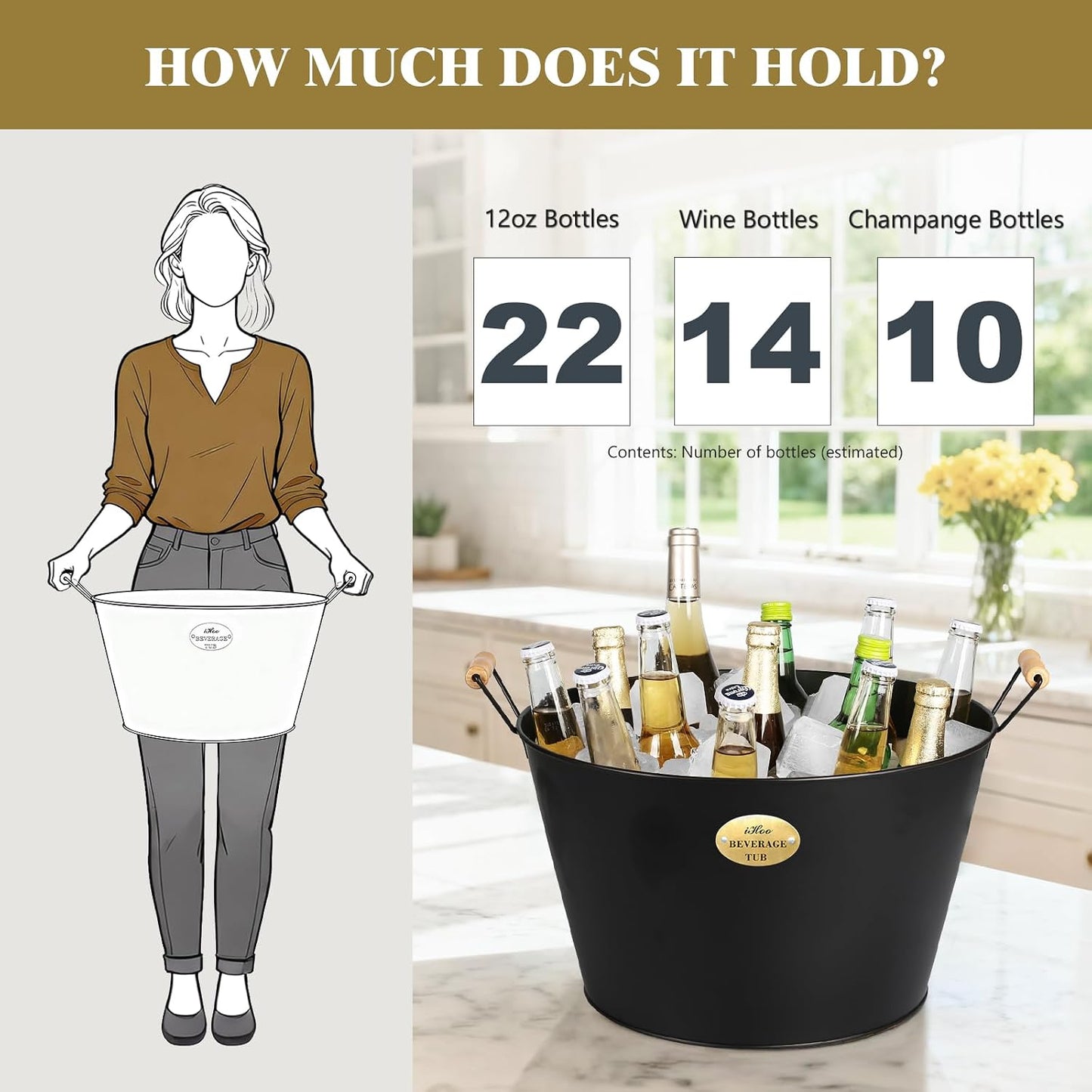 5.5 Gallon Large Beverage Tubs for Parties, 21L Galvanized Ice Bucket with Wooden Handles for Beer, Wine, Cocktails & Outdoor Events -Black