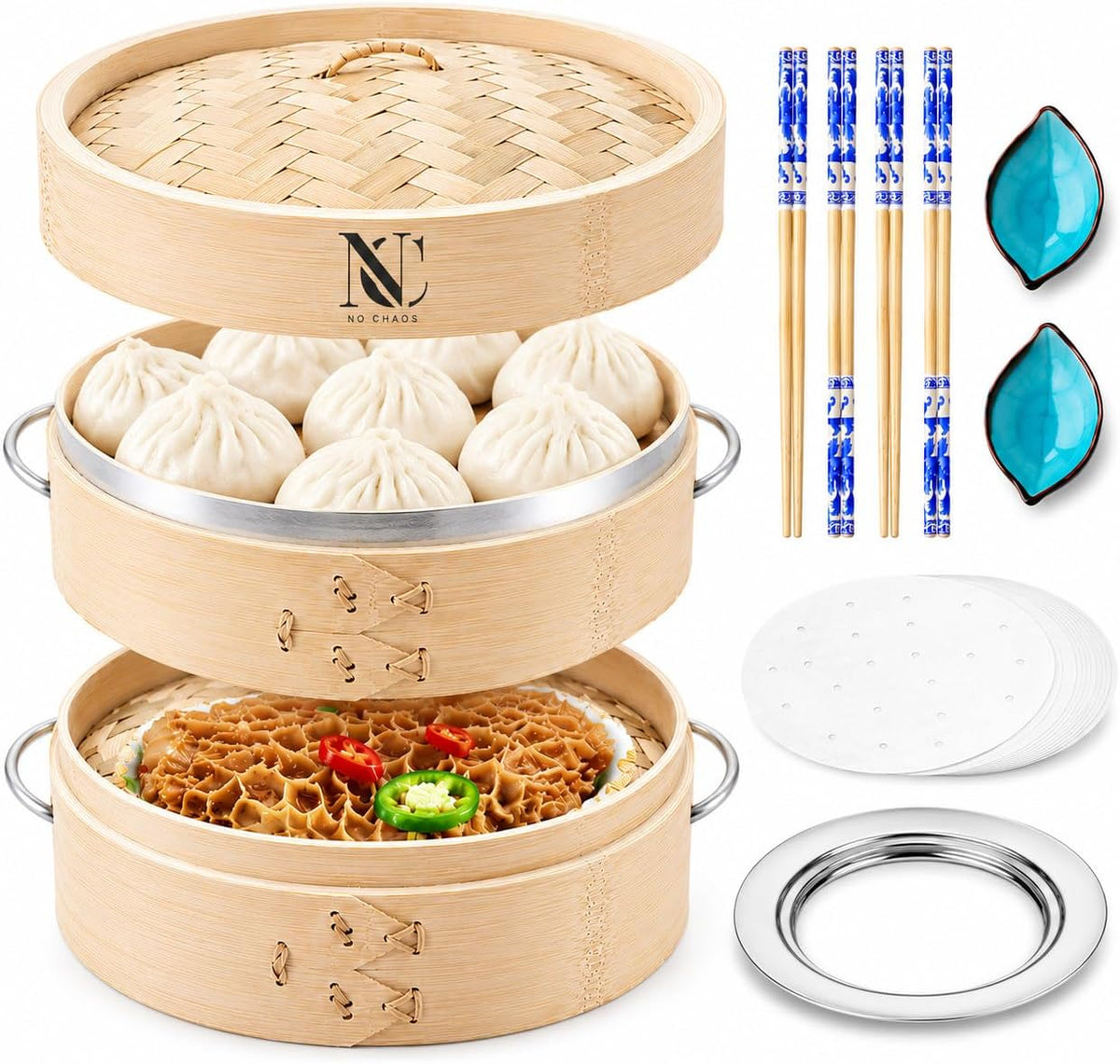 Bamboo Steamer Basket Set, 10 Inch 2-Tier Steamer with Stainless Steel Ring, Chopsticks, Sauce Dishes & 50 Paper Liners
