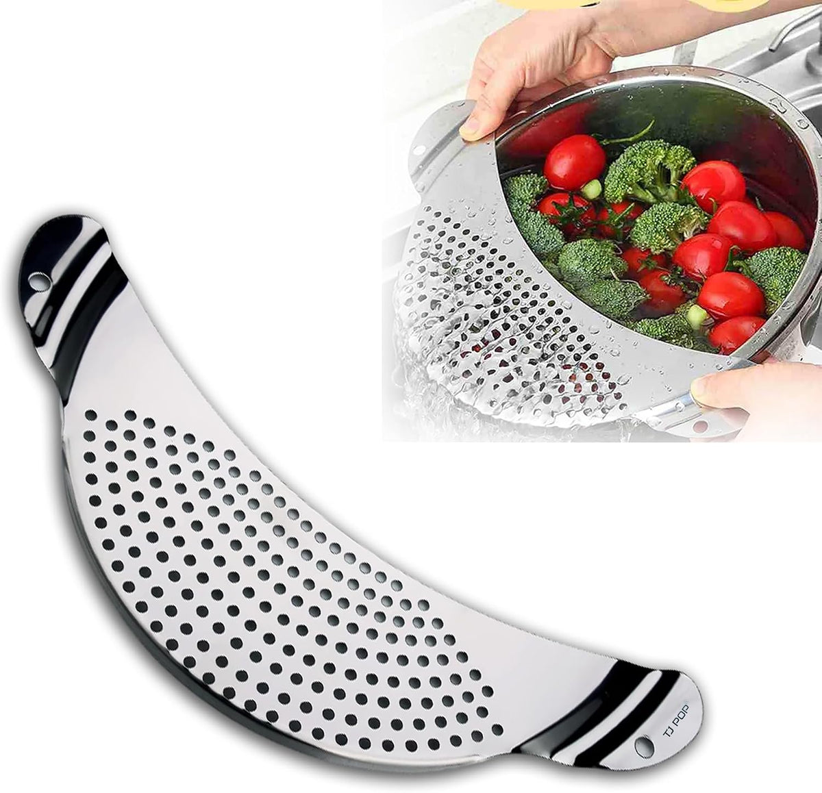 Pot Strainer Stainless Steel 2 Pack, Pasta Strainer, Metal Food Strainer for Noodles Fruit Veggies, Suitable for Pots or Containers Up to 10 Inches