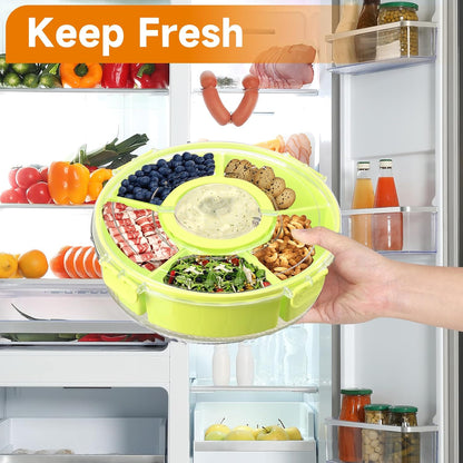 Dishwasher Safety -Divided Rotating Serving Tray with Lid and Handle,Portable Snackle Box for Fruits Snacks Charcuterie,Clear Organizer and Fridge Storage Container,Veggie Platters for Adults Child