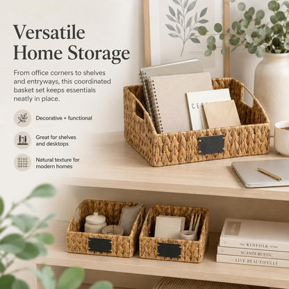 Water Hyacinth Storage Baskets Set of 3 with Chalkboard Labels — Wicker Pantry Organizer Baskets for Kitchen Shelves, Laundry Room, Bathroom & Bedroom — Woven Snack & Produce Storage Bins