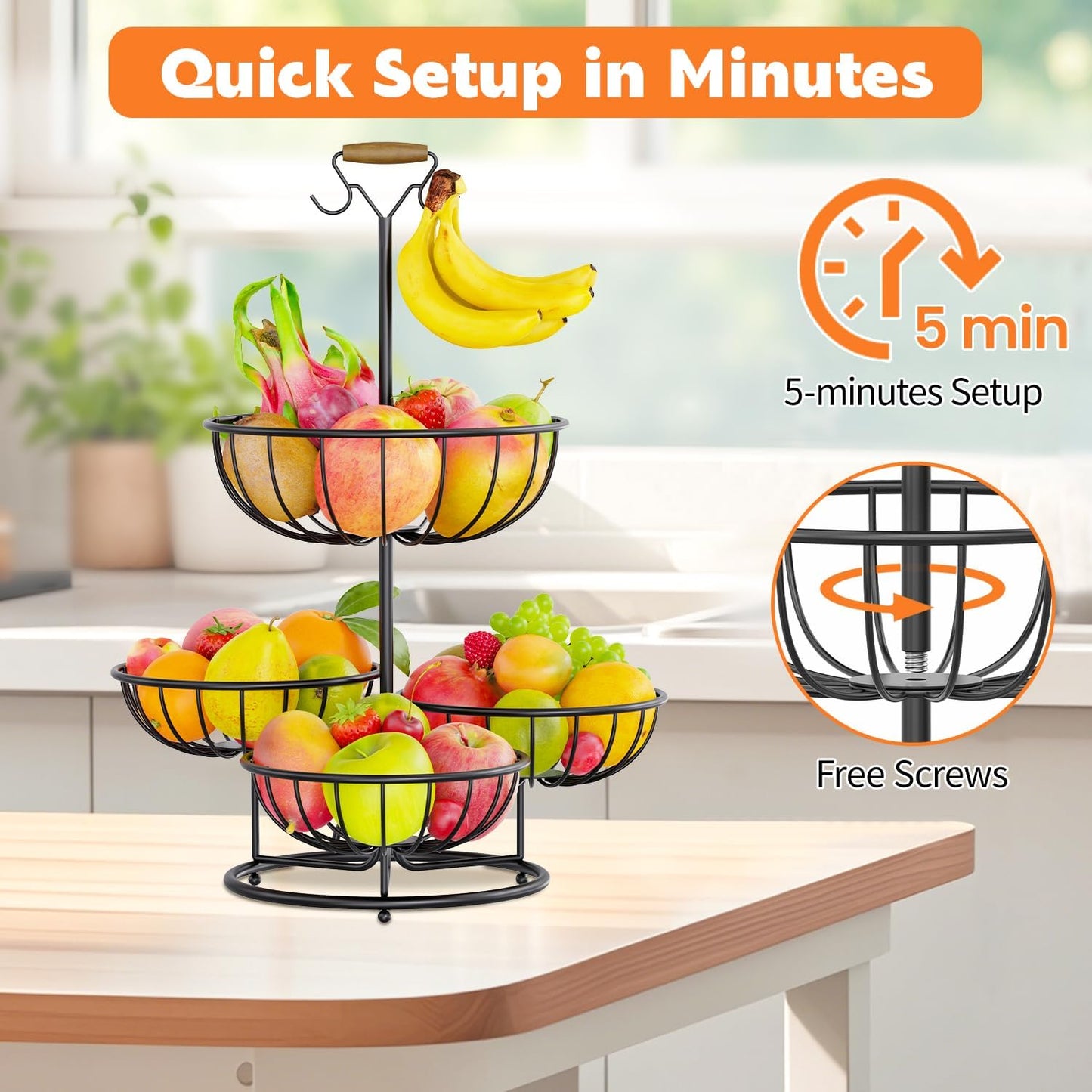 PouHenier.jh 3 Tier Rotating Fruit Basket Bowl, Kitchen Counter Wire Produce Organizer Holder, Stable Vegetable Storage Stand with 2 Banana Hangers, Countertop Tiered Veggie Rack, Easy Setup, Black
