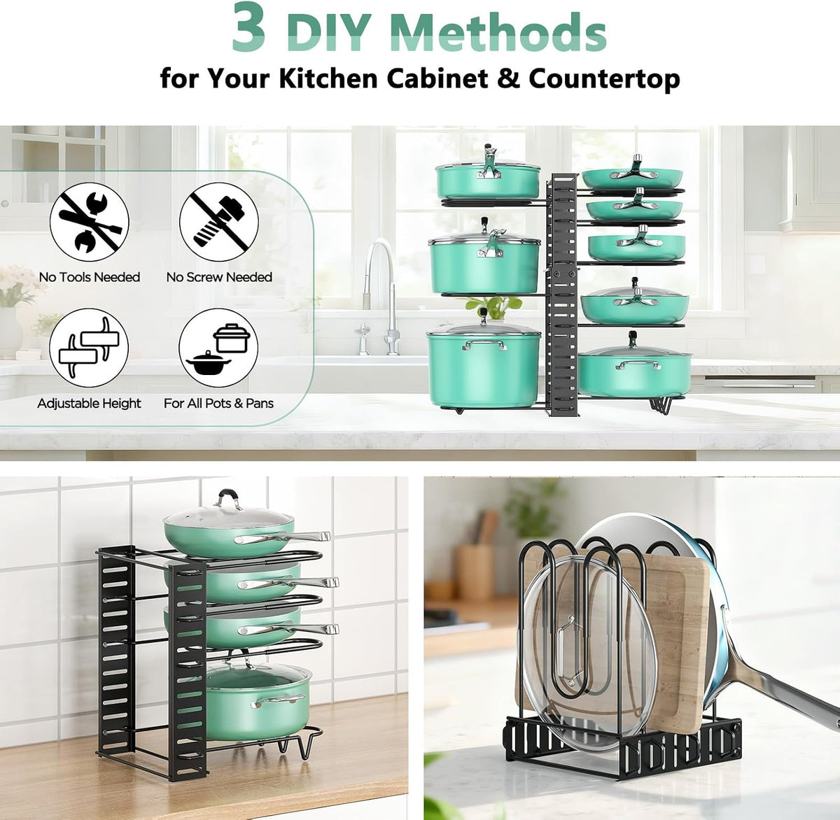 ORDORA Pots and Pans Organizer Under Cabinet 16.6", 8-Tier Adjustable Rack