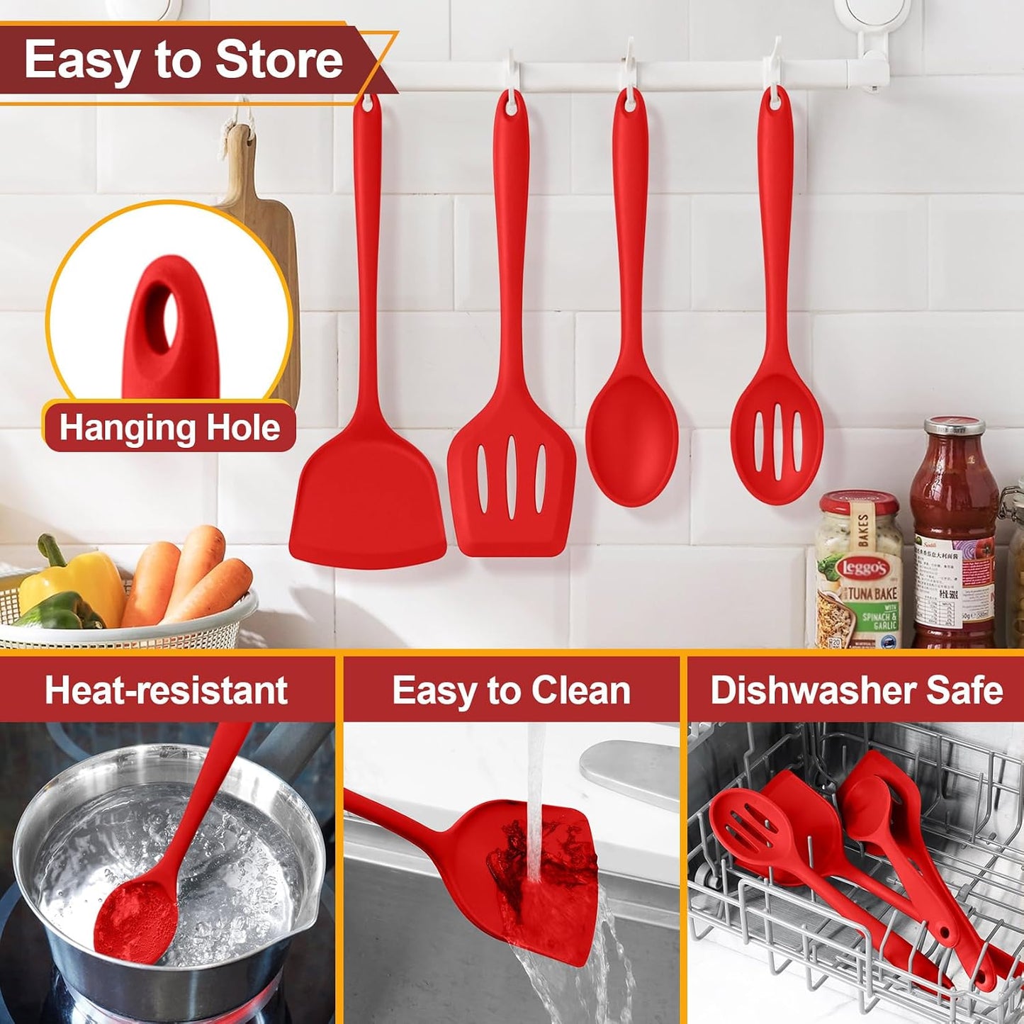 P&P CHEF Kitchen Utensil Set, 4 Pieces Non-stick Silicone Cooking Utensils, Heat-resistant Slotted Solid Spoon Turner for Frying, Mixing, Serving, Non-toxic & Easy to Clean, Blue