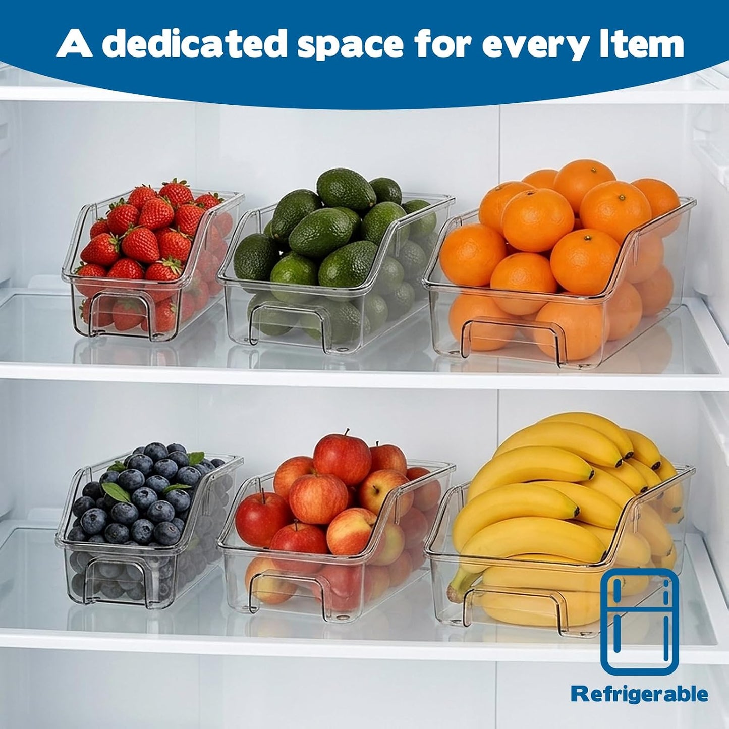 6 Packs Clear Freezer Organizers and Storage Bins with Handle, Stackable Storage Bins Open Front Pantry Bins for Storage and Organization for Bathroom Kitchen Refrigerator Pantry