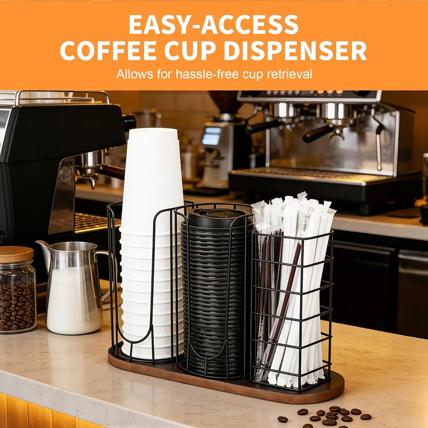 Coffee Cup and Lid Holder with Wooden Base, 3-Slot Coffee Station Organizer Dispenser for Paper Plastic Cups, Lids & Straws, U-Shape Metal Wire Coffee Bar Storage for Countertop, Office, Kitchen