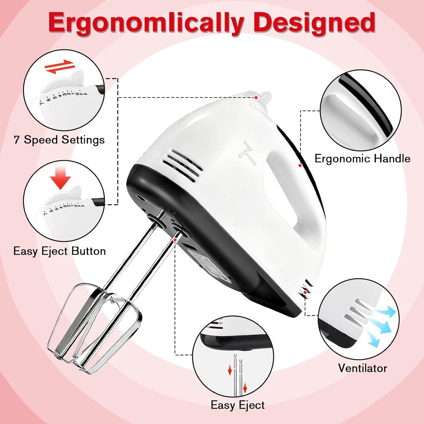 Showvigor Electric Hand Mixer with Stainless Steel Mixing Bowl Set –7 Speeds Turbo-Boost Hand Mixer with Large Mixing Bowls, Measuring Cups, Spoons & Spatula for Kitchen Cakes Eggs Baking(Pink)