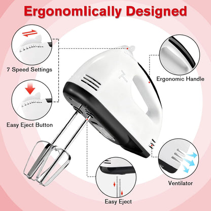 Showvigor Electric Hand Mixer with Stainless Steel Mixing Bowl Set –7 Speeds Turbo-Boost Hand Mixer with Large Mixing Bowls, Measuring Cups, Spoons & Spatula for Kitchen Cakes Eggs Baking(Pink)