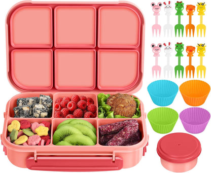 Amathley Lunch Box Kids Girls Boys,Bento Box Adult,Toddler Lunch Containers for School,Leakproof Snack Containers with 6 Compartments,Sauce Container,10 Food Picks and 4 Muffin Cups (Green)