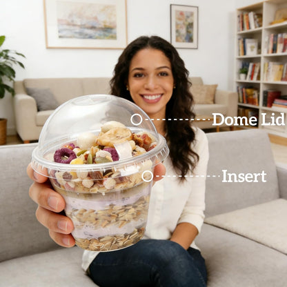 Pumtus 100 Pack Plastic Parfait Cups with Insert & Dome Lids, 9 OZ Clear Yogurt Fruit Parfait Container with Fork, Disposable To-Go Cup, Party Dessert Cup for Cereal, Veggies, Dips
