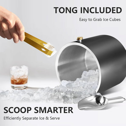 Bakpoco Insulated Ice Bucket with Silicone Lid, Scoop, Tongs & Strainer, 3L Stainless Steel Double Wall Ice Buckets for Parties & Cocktail Bar, Champagne Ice Bucket with Lid for Freezer, Ivory