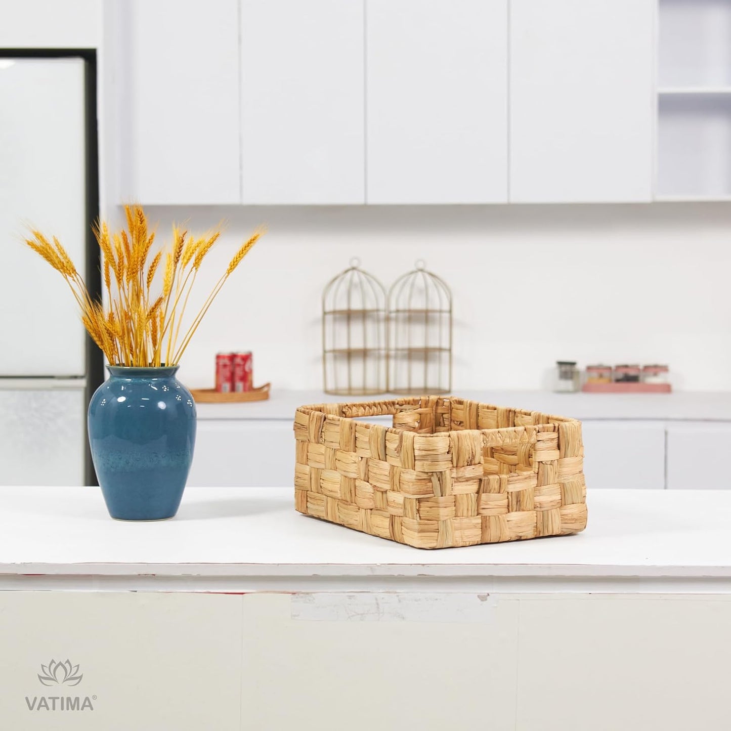 VATIMA Water Hyacinth Storage Baskets with Large Open-Front for Kitchen, Decorative for Living Room, 13.4” x 9.5” x 5.5”, 2 Pack