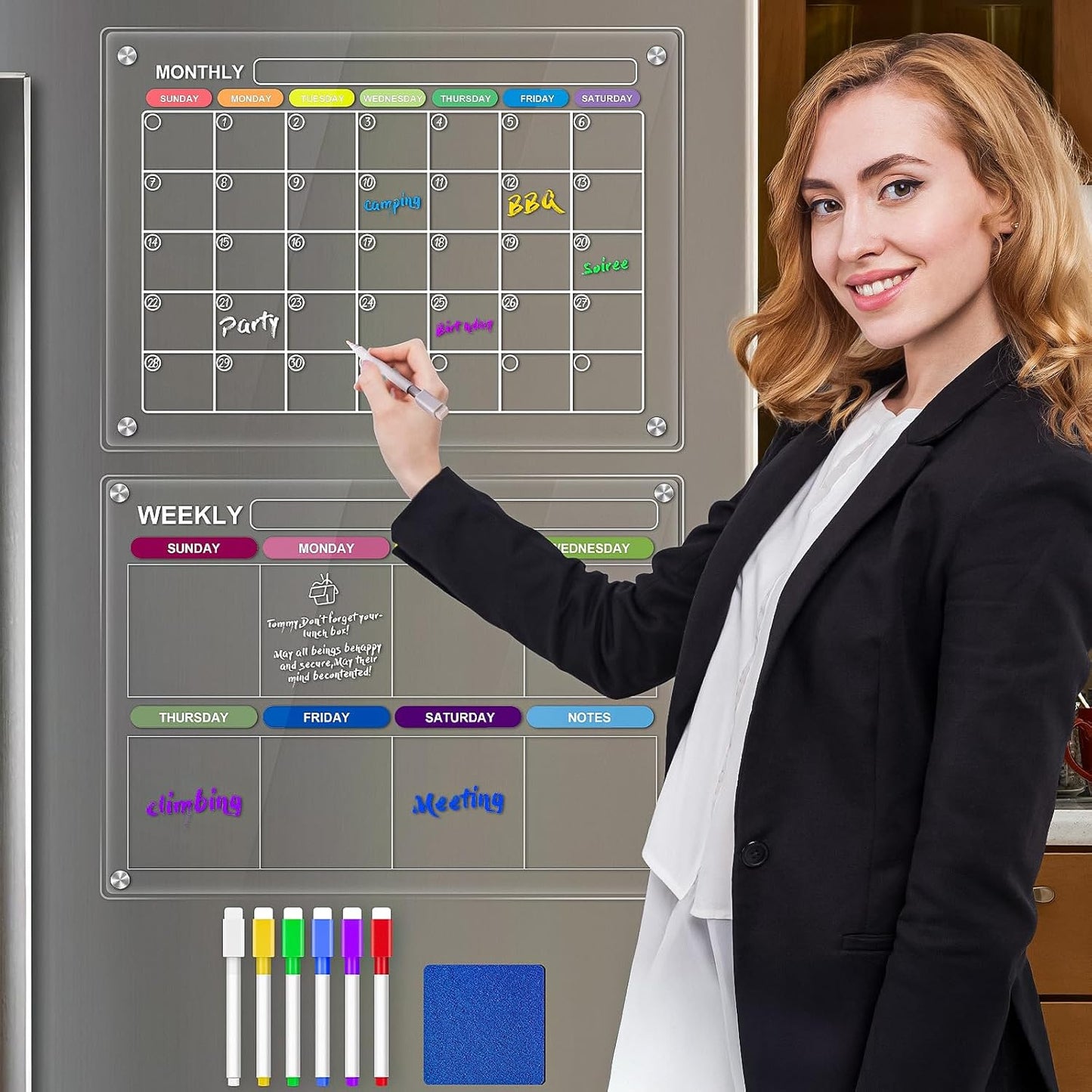 Acrylic Magnetic Calendar for Fridge, Monthly Planning Board, Fridge Skylight Calendar for Wall, Clear Dry Erase Planner Boards Set, 16"x12" Noteboard to Do/Anniversary/Shopping List