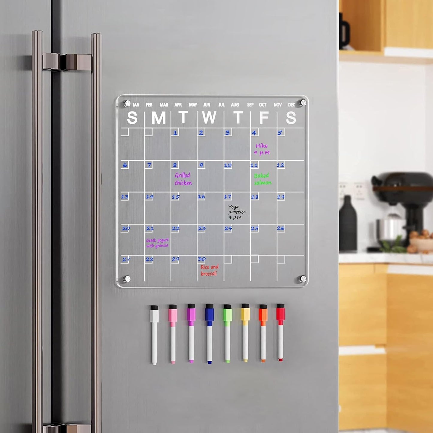 Acrylic Fridge Calendar 12x12 - Magnetic Dry Erase Board with 8 Markers