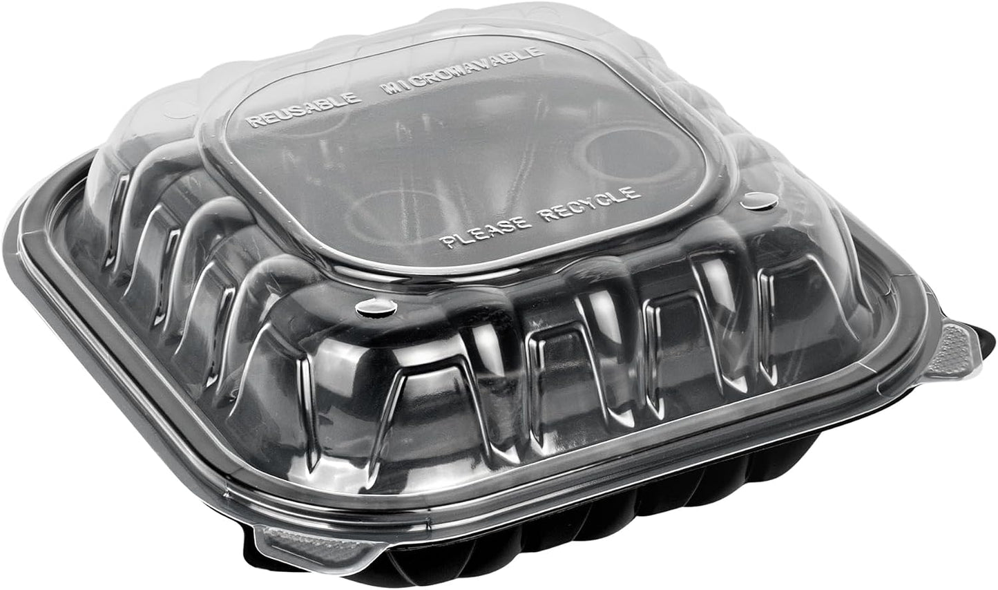 Thermo Tek 40 Ounce Clamshell Containers, 50 Disposable Take Out Boxes - 3 Compartments, Ventilated Lids, Black Plastic Meal Prep Containers, Microwavable, For Pasta Or Salads - Restaurantware
