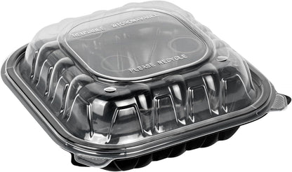 Thermo Tek 40 Ounce Clamshell Containers, 50 Disposable Take Out Boxes - 3 Compartments, Ventilated Lids, Black Plastic Meal Prep Containers, Microwavable, For Pasta Or Salads - Restaurantware