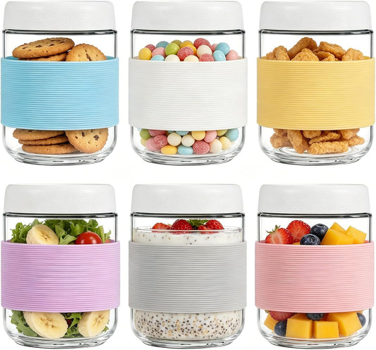 16 oz (6 Pack) Overnight Oats Containers with Airtight Lids and Silicone Sleeves, Leakproof Glass Meal Prep Containers, Wide Mouth Cookie Jars for Yogurt Chia Salad Smoothies Snacks