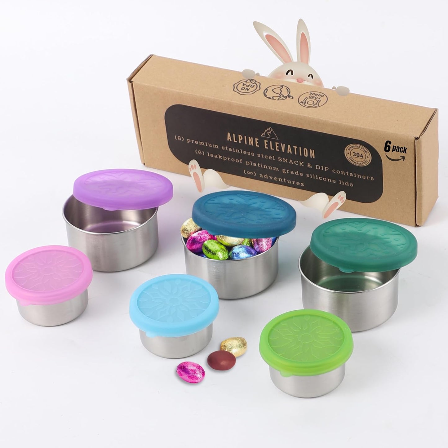 Alpine Elevation 12 Pcs - 6 Stainless Steel Containers + 6 Silicone Lids | 304 Stainless Steel Snack Container | Nesting Snack and Dip Containers | Metal Food Storage