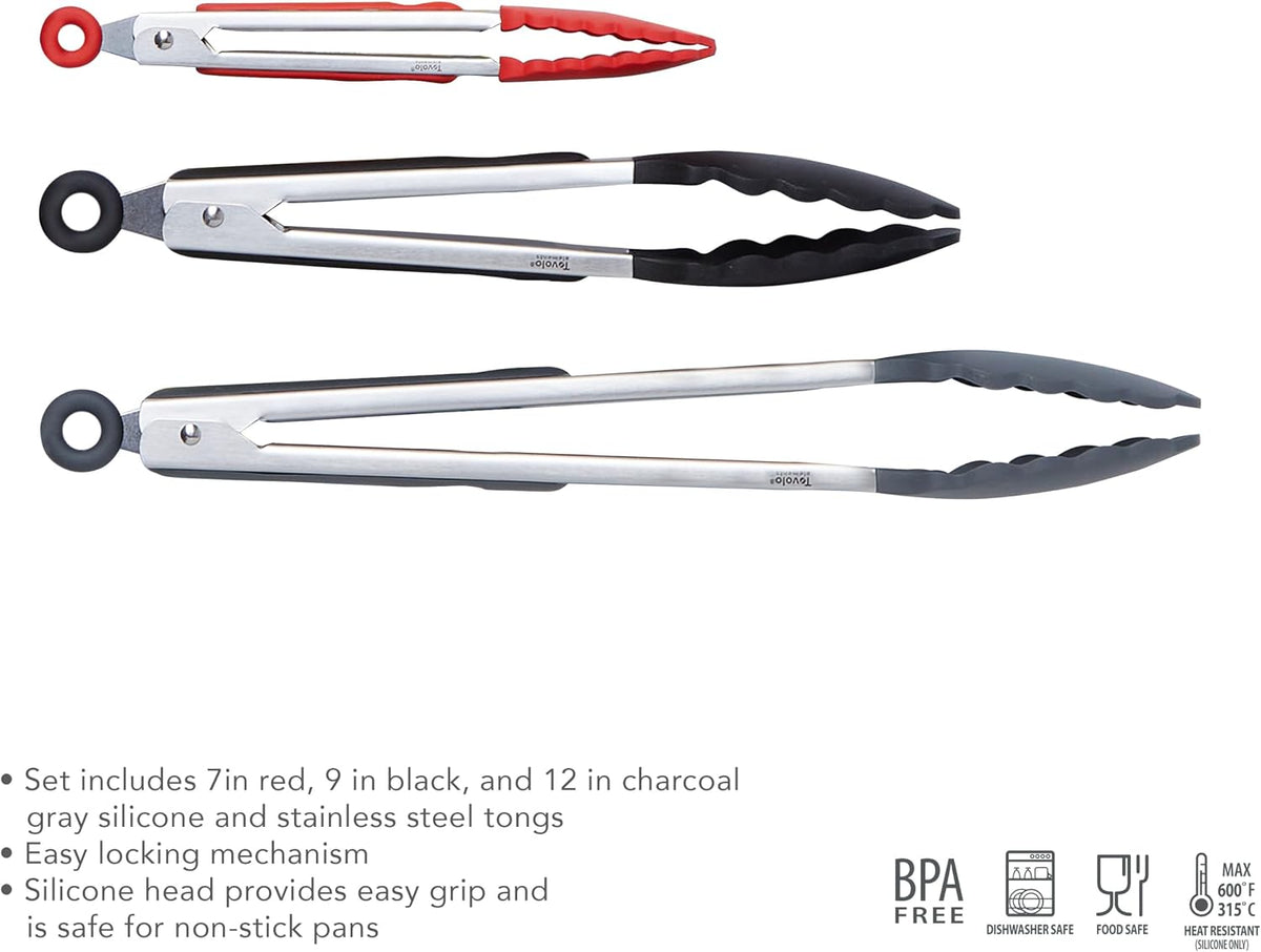 Tovolo Stainless Steel Tongs with Silicone Tips Set of 3 Mini 7” 9” 12 Inch with Easy Lock Mechanism for Cooking Grilling Air Fryer Serving, Red Black Charcoal Gray Heat Resistant Kitchen Tongs
