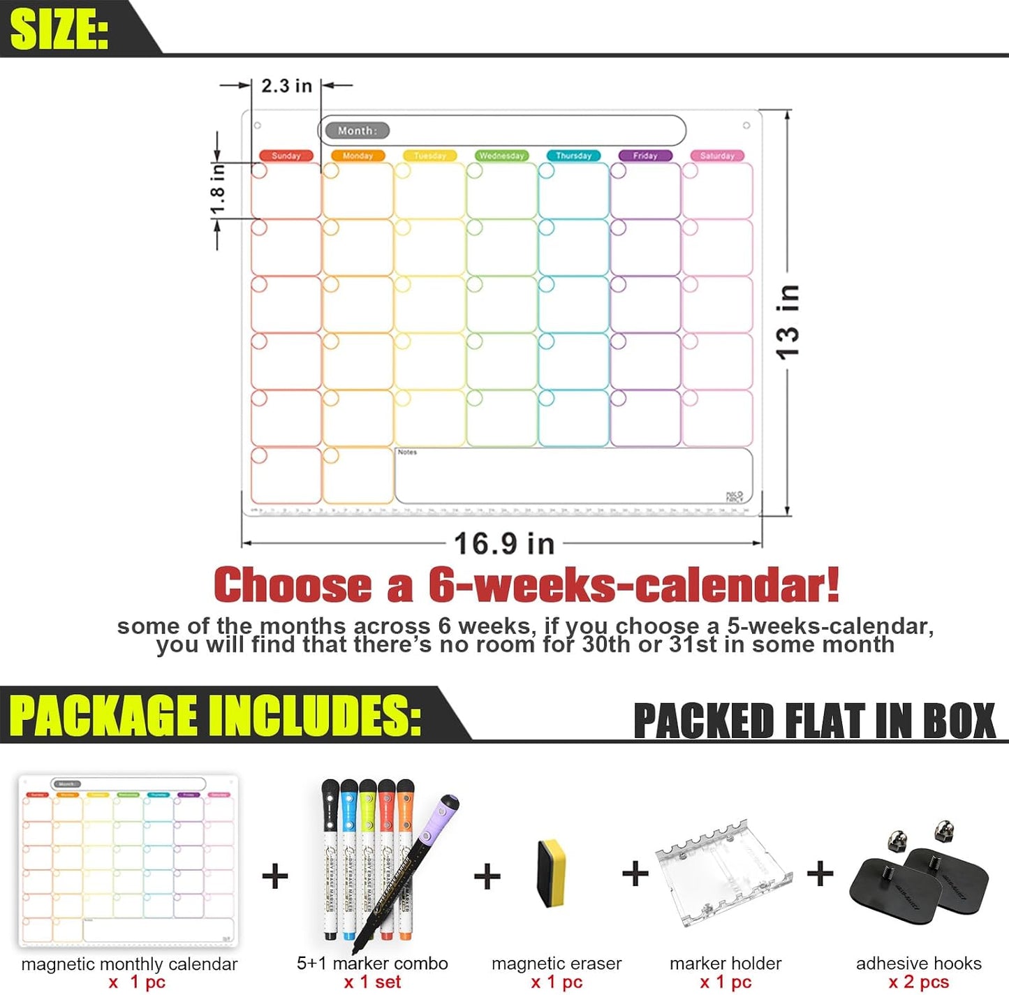 Magnetic Weekly Calendar for Fridge (Monday Start), Vertical Dry Erase Planner with Large Writing Space & Side Notes – Includes 6 Markers, Reusable Whiteboard for Busy Schedules