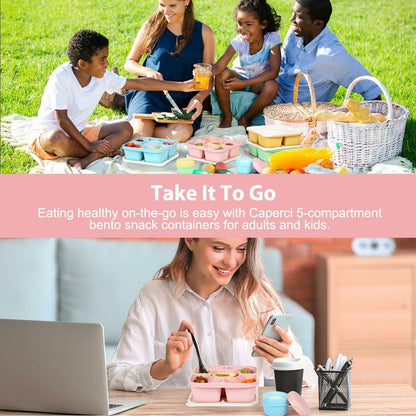 Caperci Original Lunchable Snack Containers for Kids & Adults - 5 Compartments Bento Snack Boxes with 4 Leakproof Small Containers, Wheat Straw, BPA-Free, Set of 4