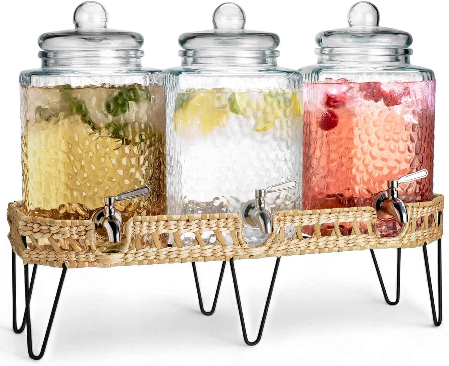 3 Gallon Glass Drink Dispenser with Metal Stand & Lid – Hammered Beverage Dispenser with Leakproof Spigot, Wide Mouth for Easy Fill – Ideal for Parties, Lemonade, Iced Tea, Sangria & More