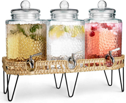3 Gallon Glass Drink Dispenser with Metal Stand & Lid – Hammered Beverage Dispenser with Leakproof Spigot, Wide Mouth for Easy Fill – Ideal for Parties, Lemonade, Iced Tea, Sangria & More