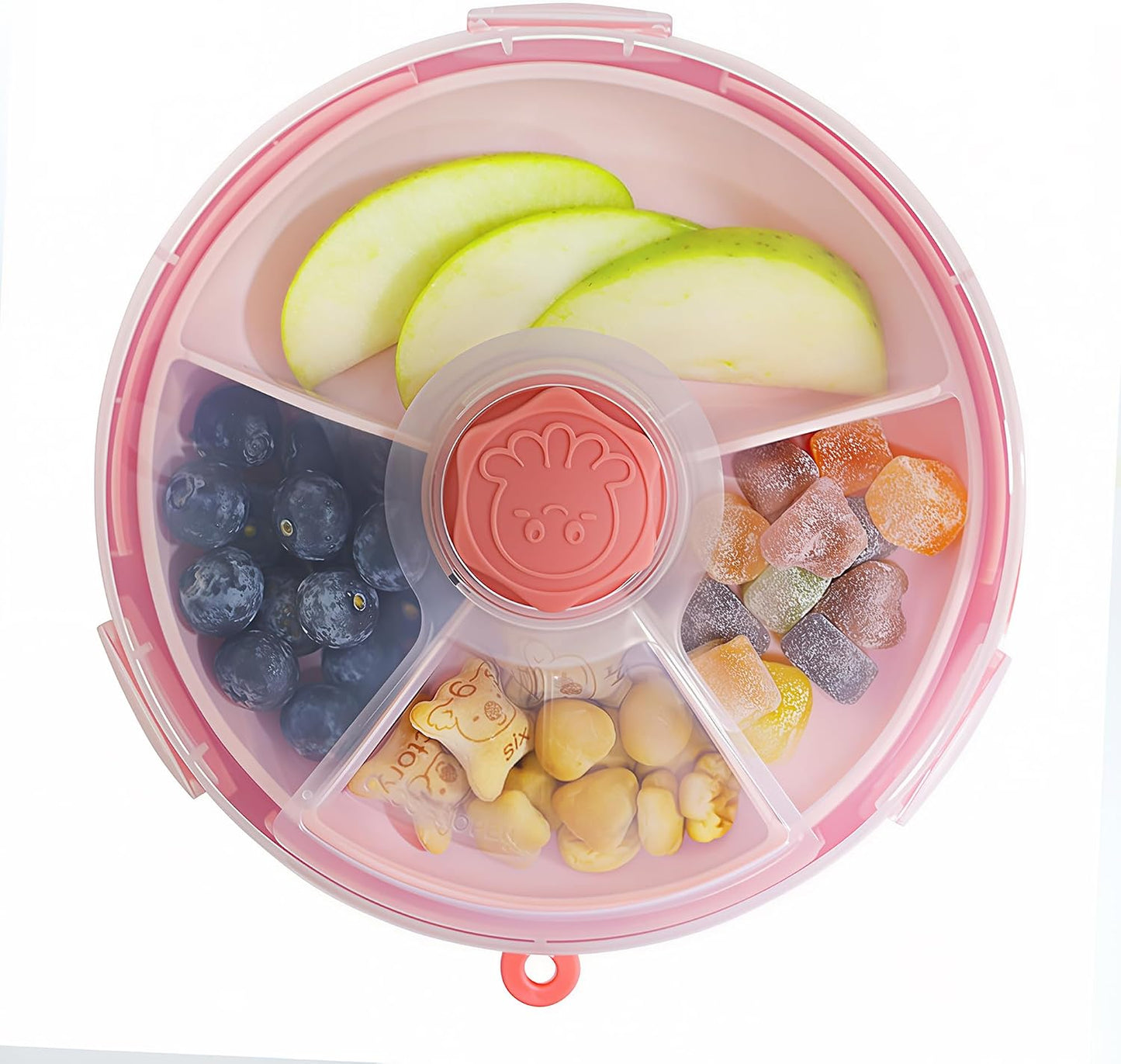 KingKam Kids Snack Spinner Containers, Reusable Toddler Spin Snack Container Box with 4 Compartments & Lid, BPA Free Food Grade Silicone Tray Dishwasher Safe, Travel Snacking Accessories (Blue/Green)