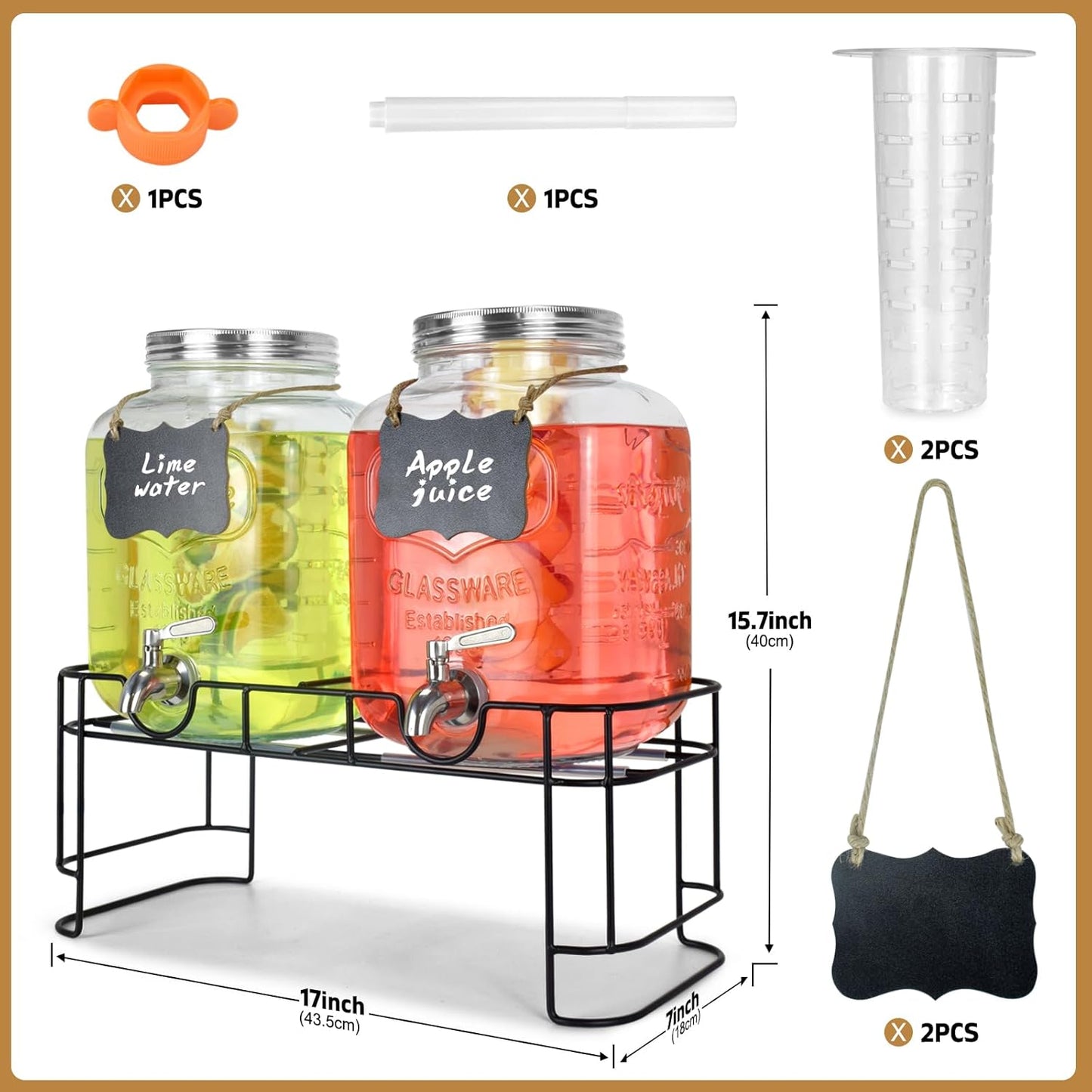 1 Gallon Glass Drink Dispensers For Parties 2PACK.Beverage Dispenser,Glass Drink Dispenser With Stand And Stainless Steel Spigot 100% Leakproof.Lemonade Dispenser With Ice Cylinder.Laundry Detergent