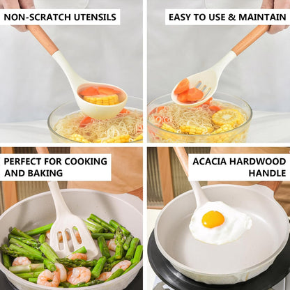Kitchen Cooking Utensils Set, 6Pcs Silicone Kitchen Utensils Set Spatula Spoon Soup Ladle Turner, Heat Resistant Wooden Handle Silicone Cooking Gadgets for Nonstick Cookware & Baking BPA FREE