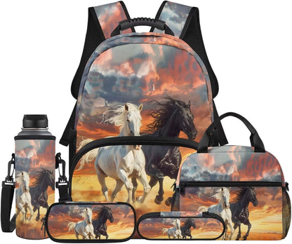 Highland Cow Backpack with Lunch Box Set for Kids Sunflower School Backpack for Girls Boys Back to School Bag Student Travel Backpacks Reusable Utensils Pen Case Water Bottle Bag 5PCS