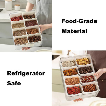 Snackle Box Container,Portable Snack Box 8 Compartment Divided Serving Tray with Lid and Handle,Clear Storage Organizer for Fruit Candy Nuts Perfect for Road Travel Party