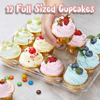 Gencywe (12 Pack x 20 Sets) Stackable Cupcake Carrier with 240 Pack Liners, Plastic Cupcake Boxes Holders for 12 Cupcakes, High Tall Dome Lid Cupcake Containers, Clear Disposable Cupcake Trays
