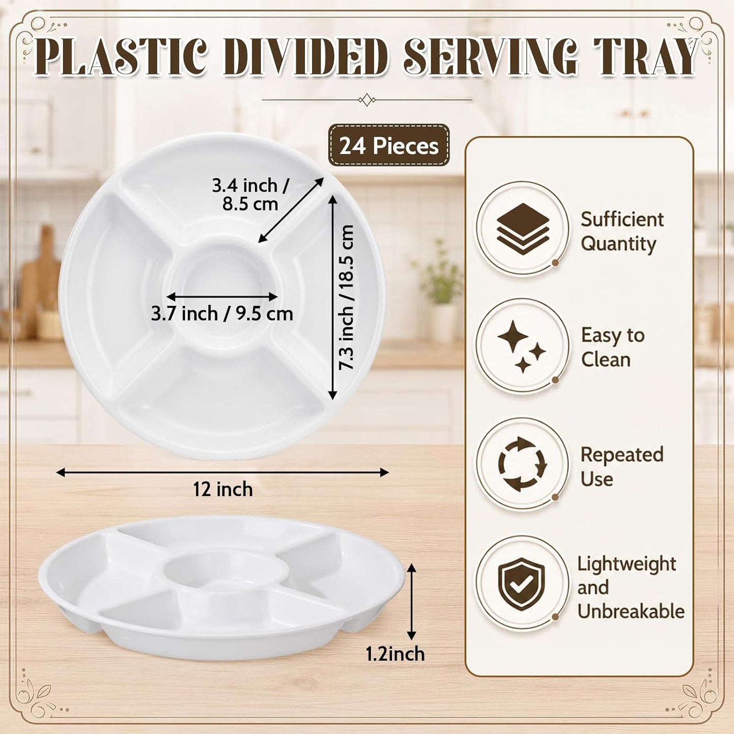 24 Pcs 5 Sectional Plastic Divided Serving Trays Bulk 12 Inch Round Chip and Dip Plates Fruit Veggie Appetizer Platter Snack Tray for Holiday Party Family Gathering(Black)