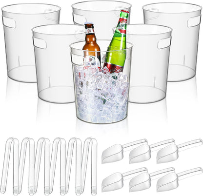 Rtteri 6 Set Plastic Ice Buckets for Parties with Handle, Scoop, Serving Tongs, Large Clear Ice Bucket Round Chiller Beverage Tubs Drink Bottle Cooler for Champagne Beer Wine(5 L)