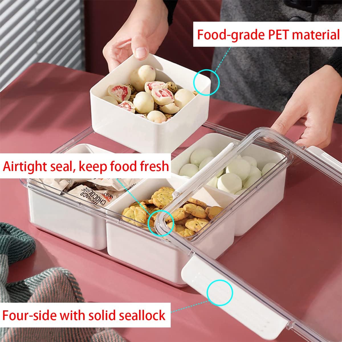 Divided Serving Tray with Lid for Veggie Charcuterie Container Portion Control Salad Keeper with 4 Removable Boxes Stackable Refrigerator Organizer Bins Food Storage Organizer Produce Saver
