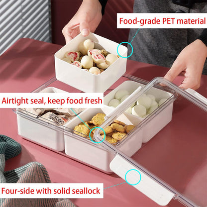 Divided Serving Tray with Lid for Veggie Charcuterie Container Portion Control Salad Keeper with 4 Removable Boxes Stackable Refrigerator Organizer Bins Food Storage Organizer Produce Saver