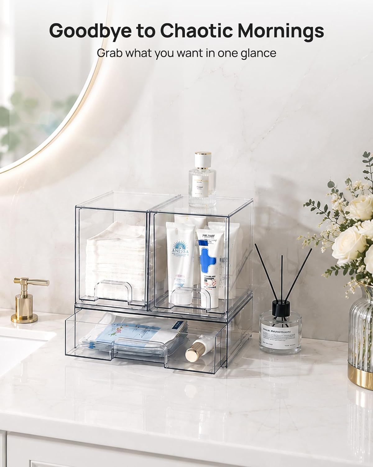 Vtopmart Stackable Storage Drawers Set of 5, Clear Plastic Organizer Bins for Baby Bottle, Beauty Supplies Storage, Ideal for Kichen Countertop, Vanity, Bathroom, Cabinet, Pantry Organization