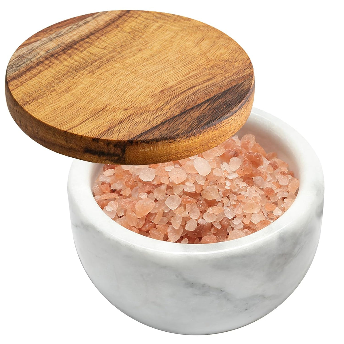 jalz jalz Acacia Wood Salt Cellar with white Marble Lid, 10oz Pinch Pot & Spoon