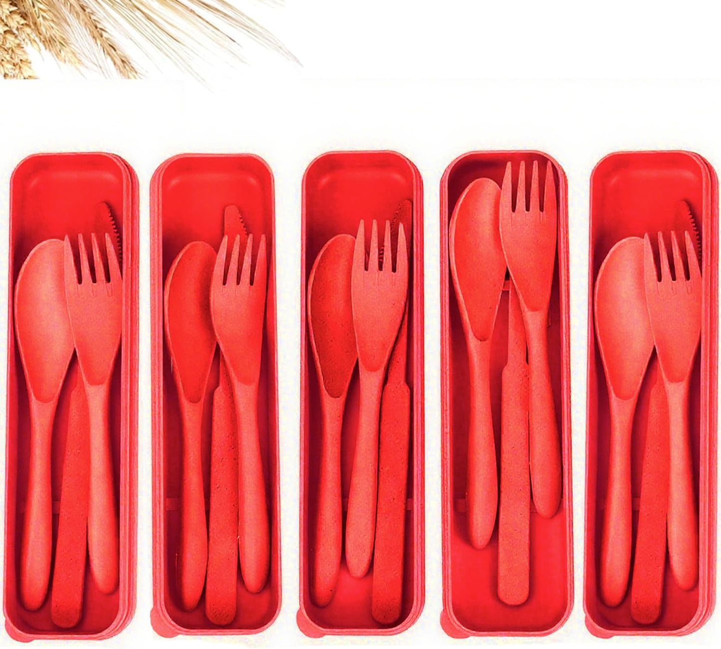 Travel Utensils Set - Reusable 5 Sets Wheat Straw Plastic Cutlery with Case, Portable Forks Spoons and Knives Set, Eco-Friendly BPA Free for Daily Use (5 Purple)