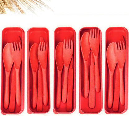 Travel Utensils Set - Reusable 5 Sets Wheat Straw Plastic Cutlery with Case, Portable Forks Spoons and Knives Set, Eco-Friendly BPA Free for Daily Use (5 Purple)