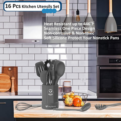 Silicone Kitchen Utensils Set, 16-Piece Silicone Cooking Utensils by Deedro, Heat Resistant Kitchen Tools Set with Holder, Nonstick Spatula Kitchen Gadgets for Cooking & Baking, Colorful