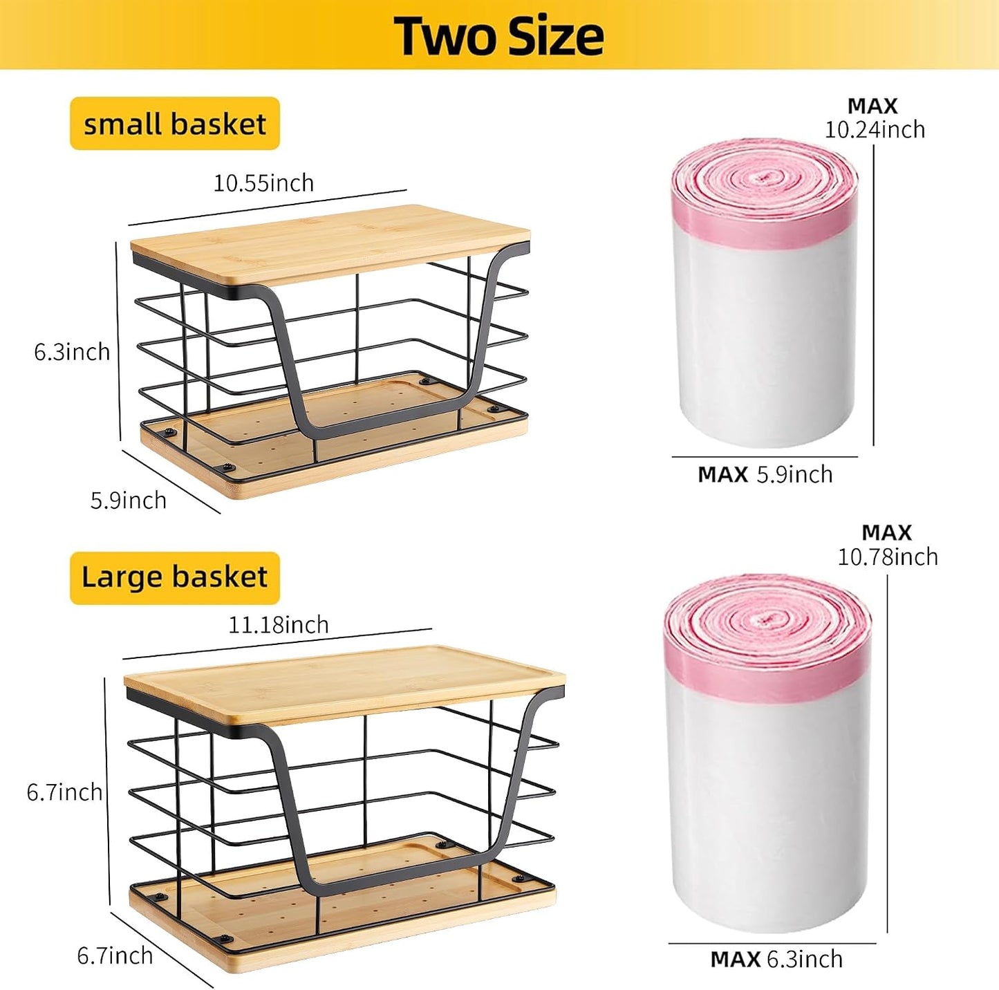 ALOCEO 2 Pack Stackable Wire Storage Basket with Bamboo Lid, Trash Bag Dispenser Under Sink for 4-13 Gal Bags, Kitchen Storage Bins for Potato and Onion, Brown
