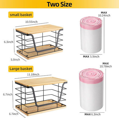 ALOCEO 2 Pack Stackable Wire Storage Basket with Bamboo Lid, Trash Bag Dispenser Under Sink for 4-13 Gal Bags, Kitchen Storage Bins for Potato and Onion, Brown