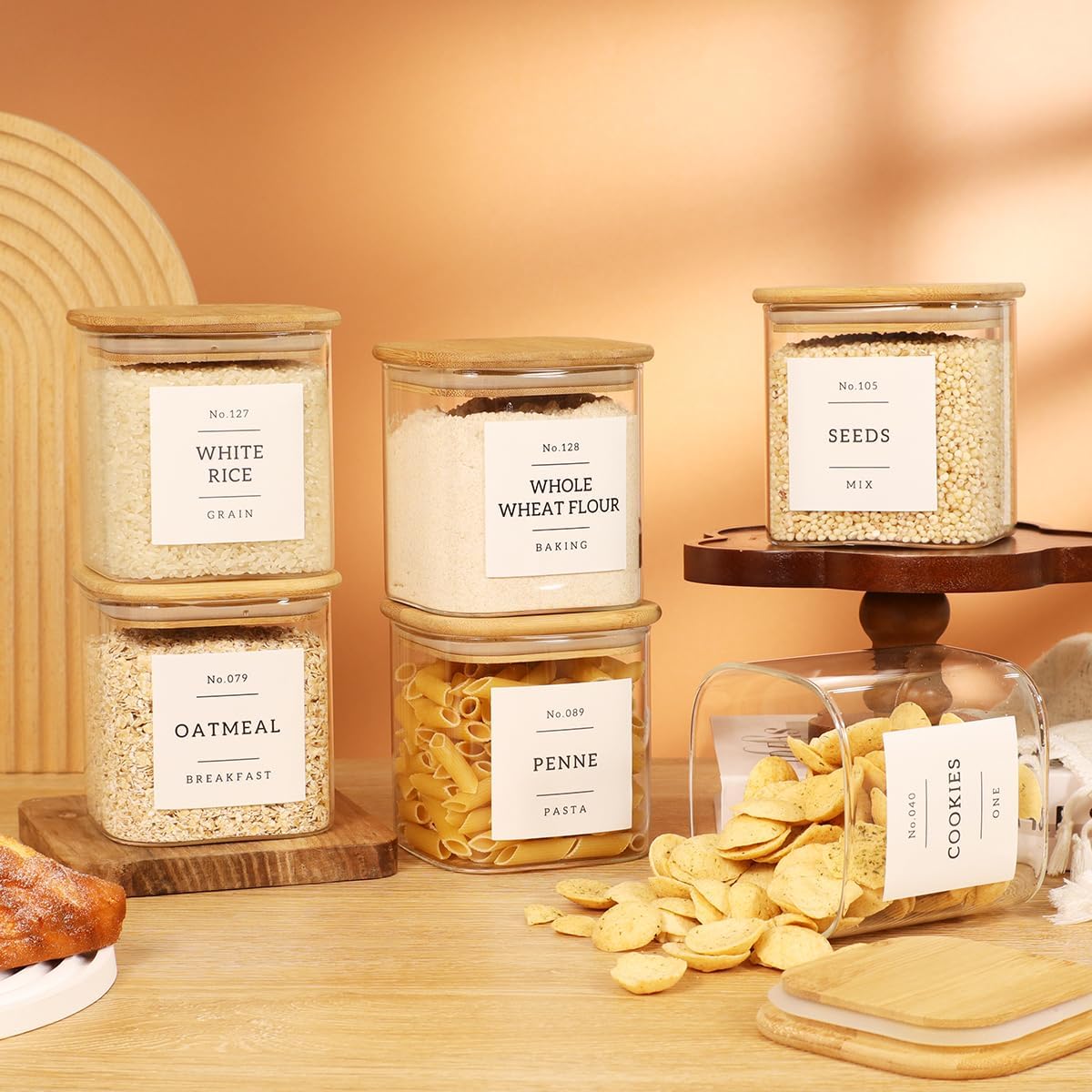2 Pack large Square Glass Flour and Sugar Containers with 132 Kitchen Pantry Labels - 149 floz & 71 floz - Glass Jars with Airtight Bamboo Lid - Glass Rice Canisters for Coffee, Pasta, Cookie, Cereal