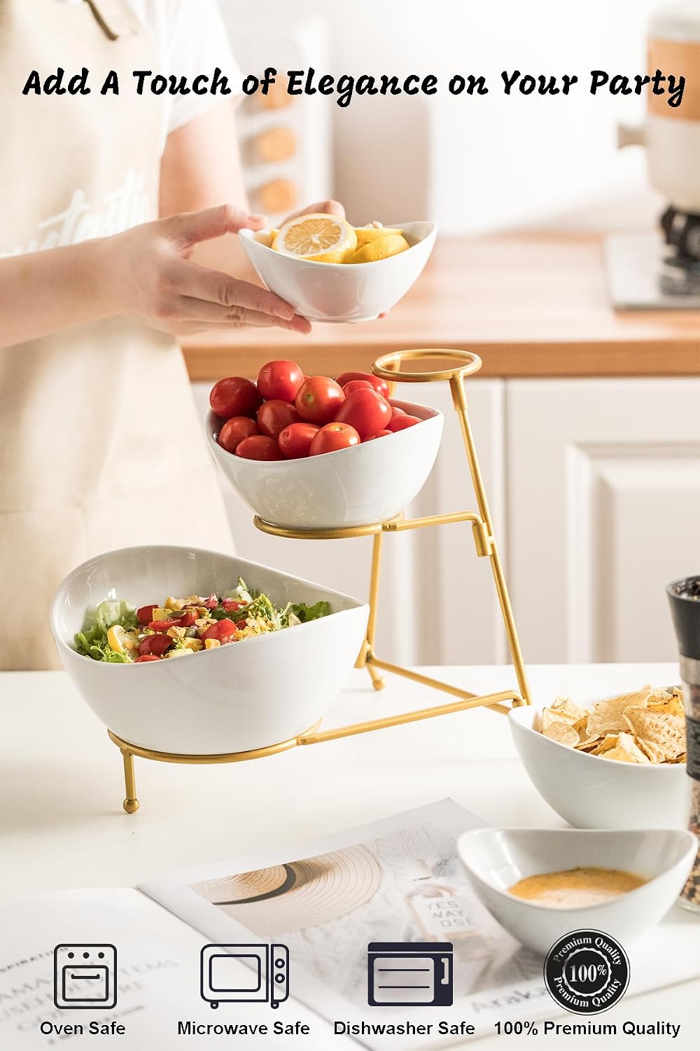 LAUCHUH Serving Dish for Entertaining, 3 Tier Serving Tray, Chip and Dip Serving Set Oval Serving Bowl Set for Easter, Mother's Day Fruit, Dessert, Appetizer, Candy, Vegetable, Black