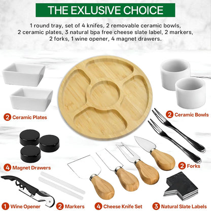 Large Bamboo Charcuterie Boards Gift Set with 4 Hidden Drawers, Cheese Knives, Ceramic Bowls & Plates, Recipe Book, Perfect House Warming Gifts New Home