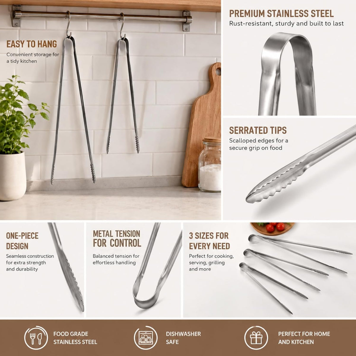 Tongs for Cooking, Long Kitchen Tweezers Set of 3, 18/8 Stainless Steel KitchenTongs with Precision Serrated Non-Slip Tips, Lightweight Durable Tweezer for Frying, Plating & BBQ(9.5"+11.5"+13.5")