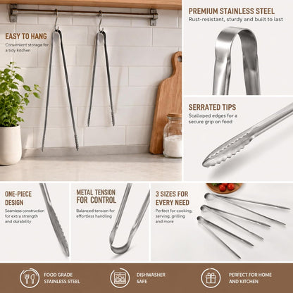Tongs for Cooking, Long Kitchen Tweezers Set of 3, 18/8 Stainless Steel KitchenTongs with Precision Serrated Non-Slip Tips, Lightweight Durable Tweezer for Frying, Plating & BBQ(9.5"+11.5"+13.5")
