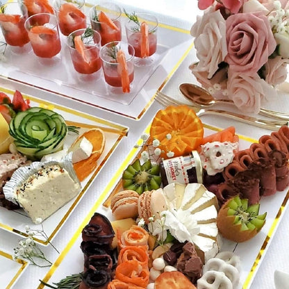 Elegant Plastic Serving Tray & Platter Set (6pk) - White & Gold Rim Disposable Serving Trays & Platters for Food - Weddings, Upscale Parties, Dessert Table, Cupcakes - 8 x 12.85 inches